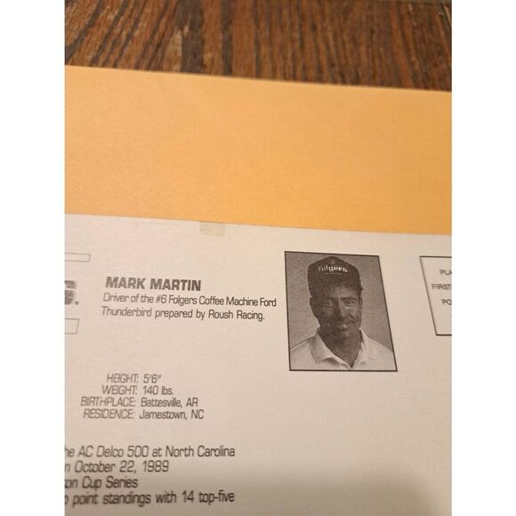 Mark Martin Folgers Racing Team Postcard 6 Ford Thunderbird Roush NASCAR Vintage - Picture 3 of 5